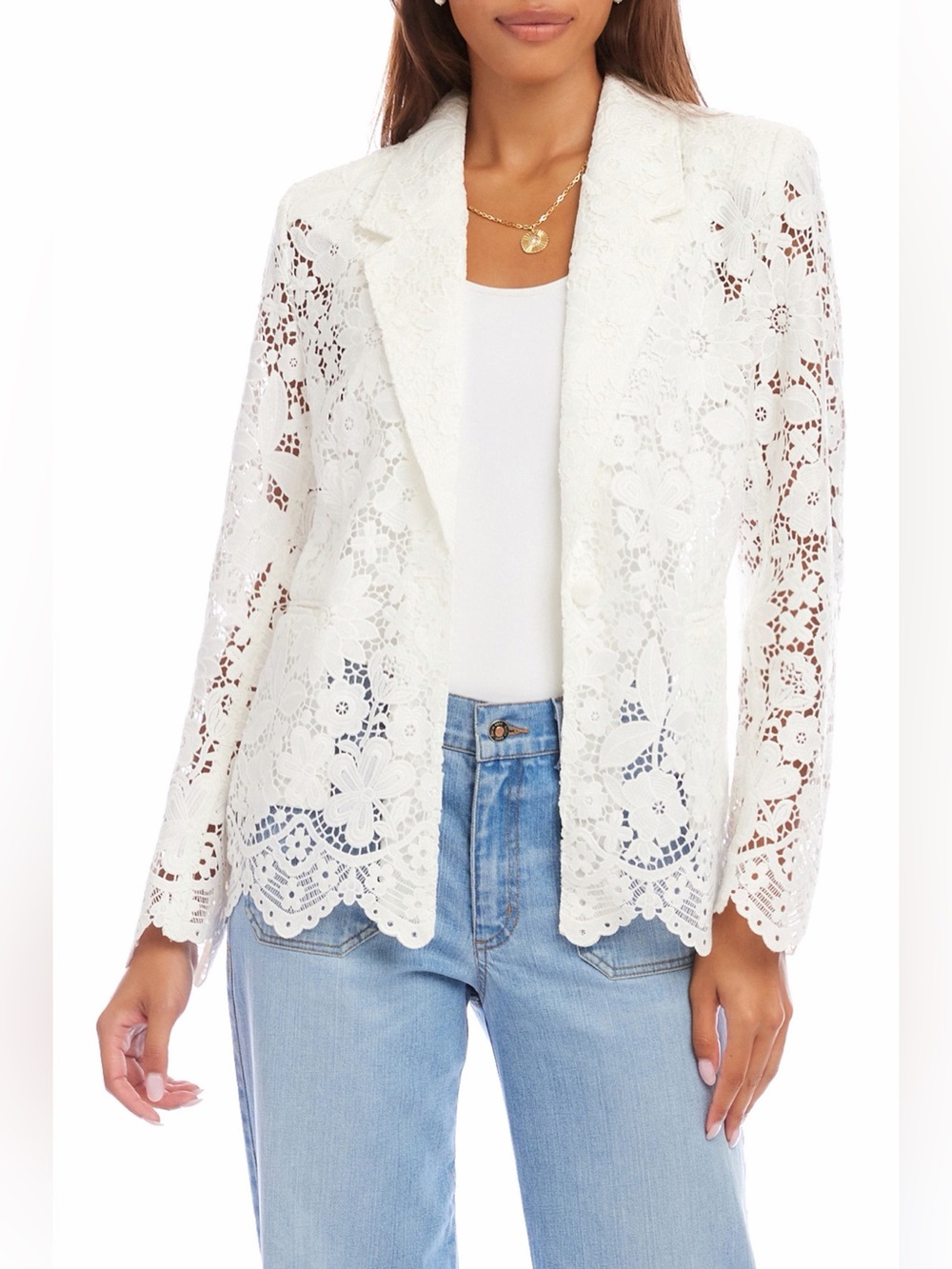 Karen Kane Floral Lace Scallop Edge Blazer Off White Ivory Jacket Women Sz L NWT
